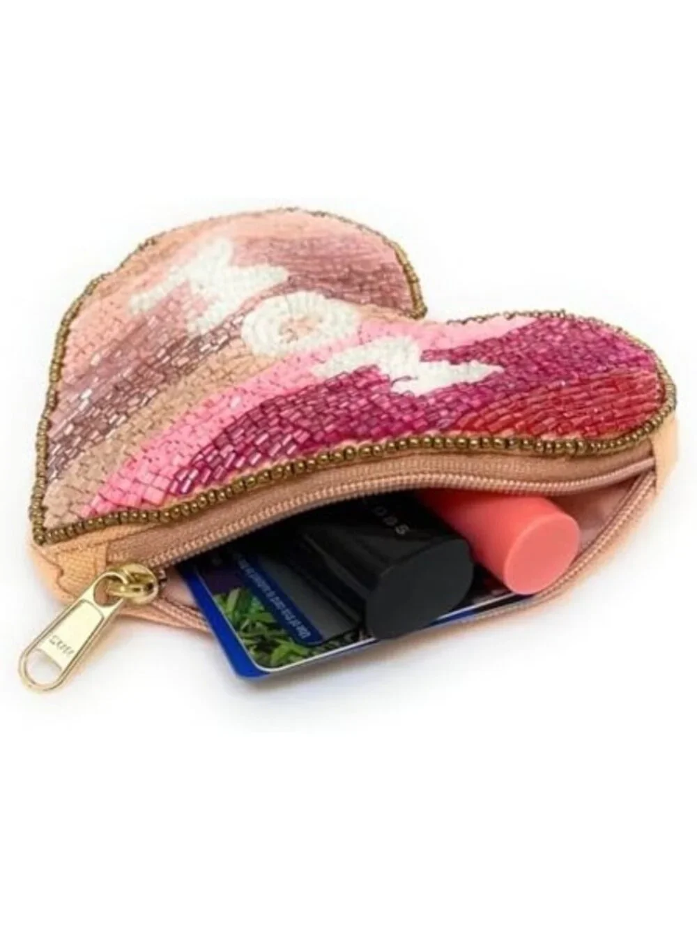 Chic Pink Heart-Shaped Beaded Pouch | Small Mom Wallet & Purse Accessory